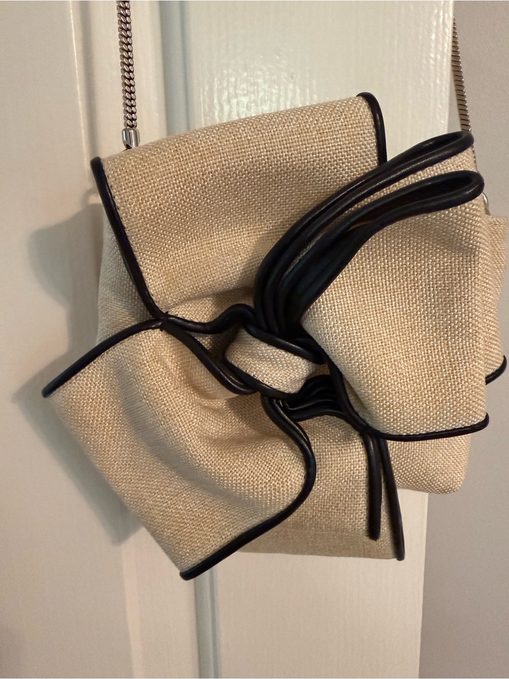 Kate Spade Beige Canvas/linen material Crossbody Bag with Black big bow Trim